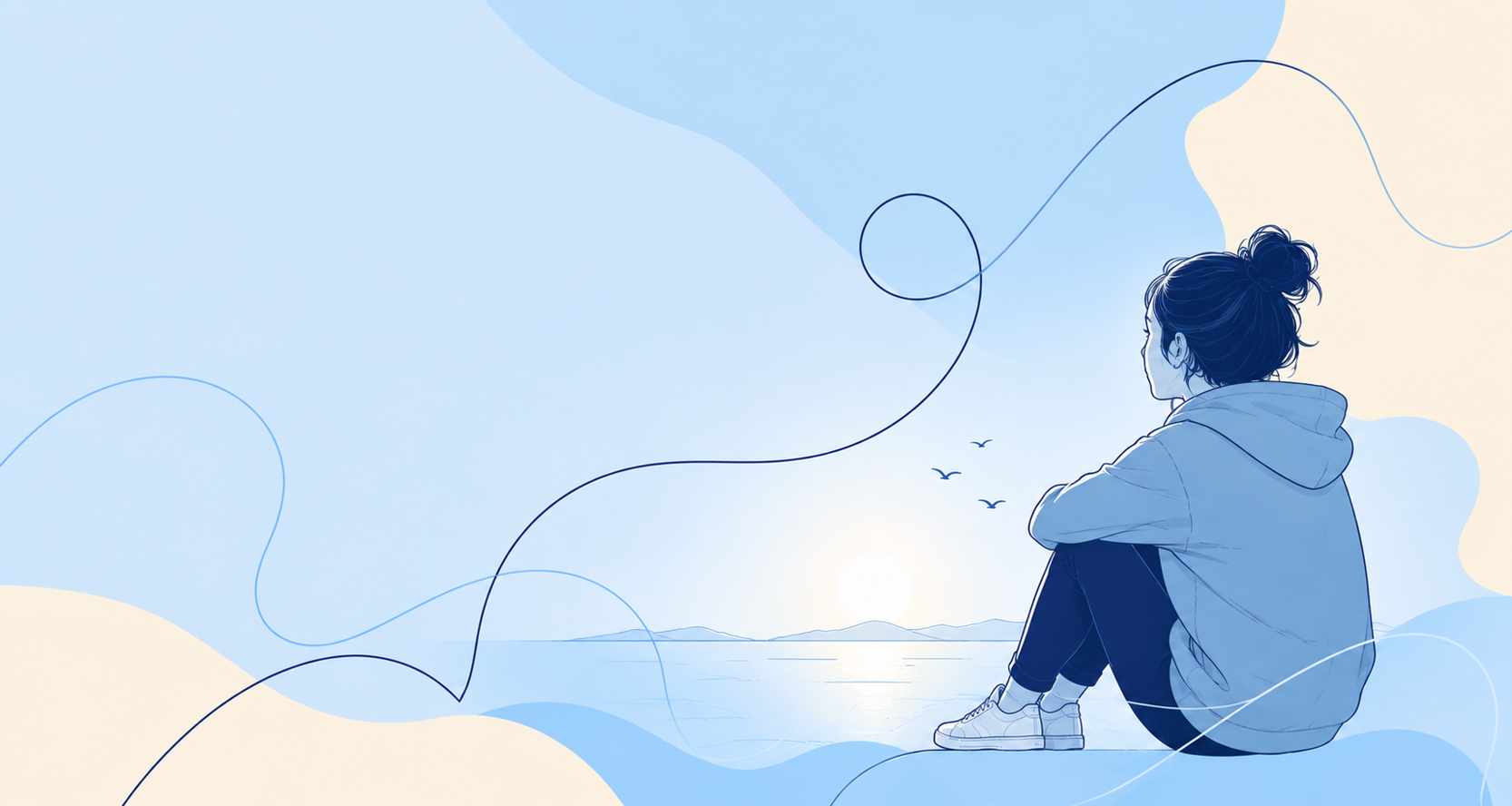 Illustration af en ung person, der sidder i eftertænksom positur og ser ud over havet i rolige blå nuancer. Billedet bruges til RESET, et ungeprojekt for 12–25-årige med problemer relateret til opioid, GHB eller benzodiazepiner.